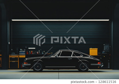 Sleek Car on Hydraulic Lift in Modern Garage Sleek Car on Hydraulic Lift in Modern Garage 128611516