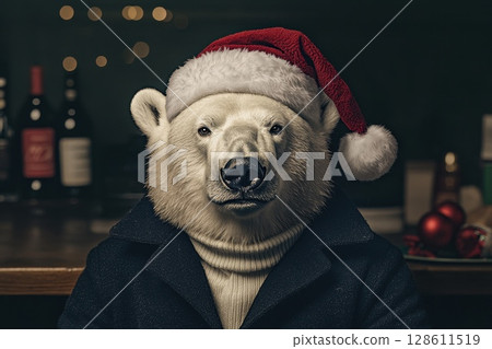 Polar Bear in Festive Hat and Attire wearing a Santa hat 128611519