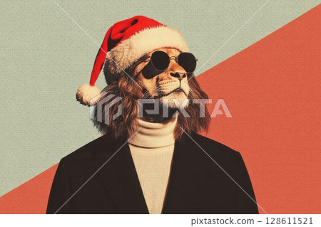 Stylish Lion in Holiday Attire with Sunglasses Stylish Lion in Holiday Attire with Sunglasses 128611521
