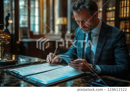 Businessman Working on Mobile Device in Office Setting Businessman Working on Mobile Device in Office Setting 128611522