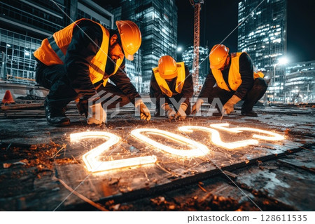 Workers in Hard Hats and Vests at Construction Site and a large sign displaying 2025 128611535