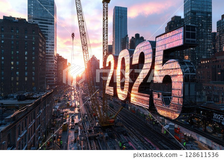 Massive Metallic Numbers Under Construction at Sunset as large sign displaying 2025 Massive Metallic Numbers Under Construction at Sunset as large sign displaying 2025 128611536