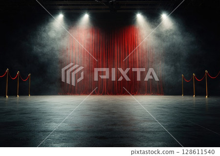A stage with a red curtain and a red carpet A stage with a red curtain and a red carpet 128611540