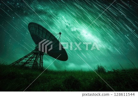A satellite dish is in the middle of a field with a green sky 128611544