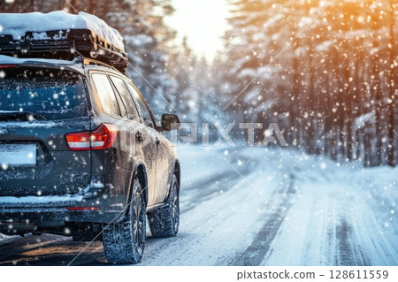 SUV with Rooftop Carrier on Snowy Road 128611559