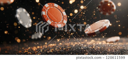 Falling Casino Chips in Glittering Background Falling Casino Chips in Glittering Background 128611599