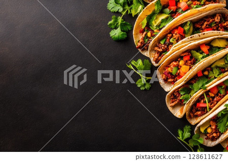 Colorful Tacos with Fresh Ingredients on Dark Background 128611627