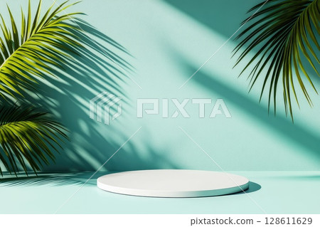 Vibrant Tropical Podium with Palm Leaves 128611629