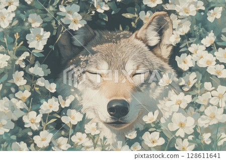 Serene Wolf Portrait Surrounded by Delicate Flowers Serene Wolf Portrait Surrounded by Delicate Flowers 128611641