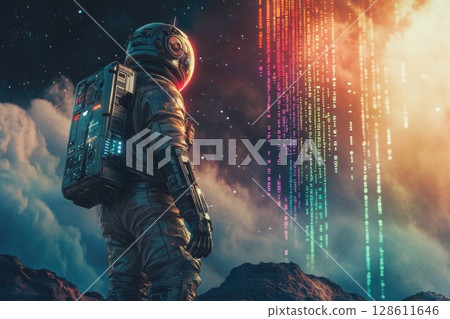 Cyborg Astronaut Standing on Alien Planet 128611646