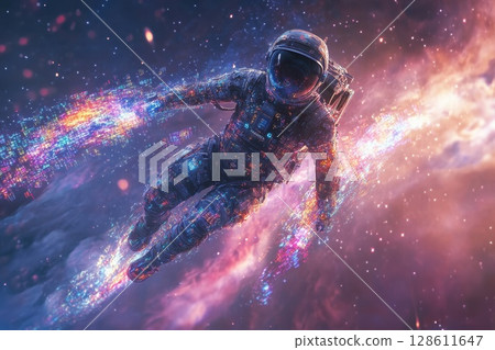 Astronaut Cyborg Flying Through Colorful Space Streams Astronaut Cyborg Flying Through Colorful Space Streams 128611647