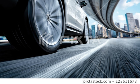 Car Tires on Asphalt Road Under Bright Summer Sky 128611678