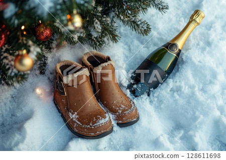 Boots and Champagne by the Christmas Tree in Winter Boots and Champagne by the Christmas Tree in Winter 128611698