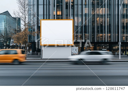 Blank Billboard Along Busy Highway with Passing Cars Blank Billboard Along Busy Highway with Passing Cars 128611747