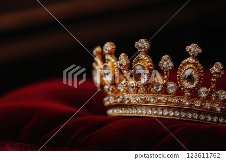 A gold and crystal crown is on a red velvet cushion A gold and crystal crown is on a red velvet cushion 128611762