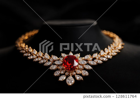 A gold and diamond necklace with a red stone pendant 128611764
