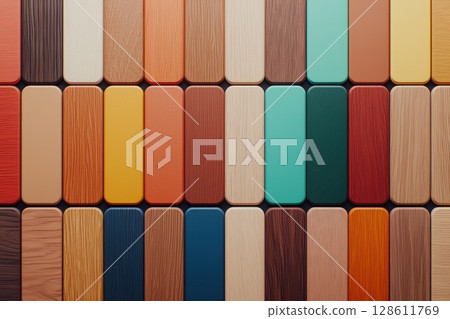 A row of wooden blocks in various colors 128611769