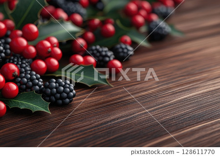 A bunch of berries including blackberries and red berries 128611770