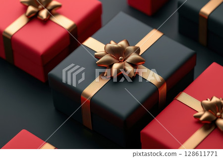 A black box with a gold bow on top of it A black box with a gold bow on top of it 128611771