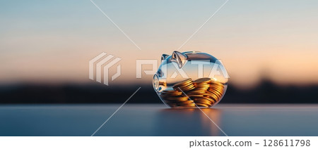 A clear piggy bank with coins inside A clear piggy bank with coins inside 128611798