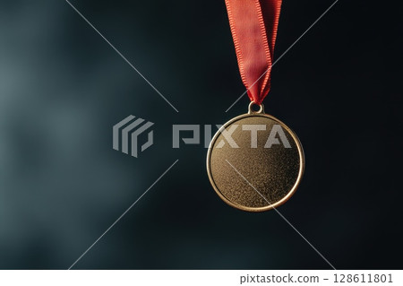 A gold medal with a red ribbon hanging from it A gold medal with a red ribbon hanging from it 128611801