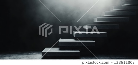 A staircase with a dark background and a foggy atmosphere A staircase with a dark background and a foggy atmosphere 128611802