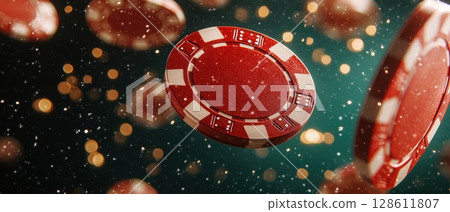 Glittering Casino Chips Falling in Green Background Glittering Casino Chips Falling in Green Background 128611807