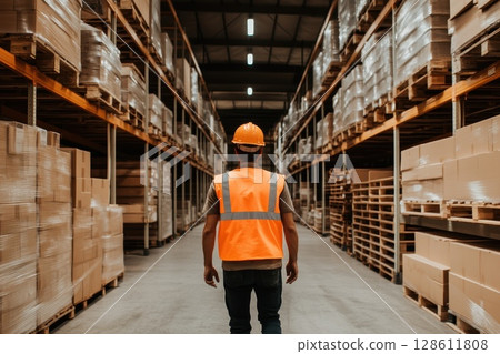 Large Industrial Warehouse with Storage and Worker 128611808