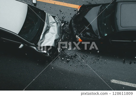 Overhead View of Car Accident with Damaged Vehicles Overhead View of Car Accident with Damaged Vehicles 128611809