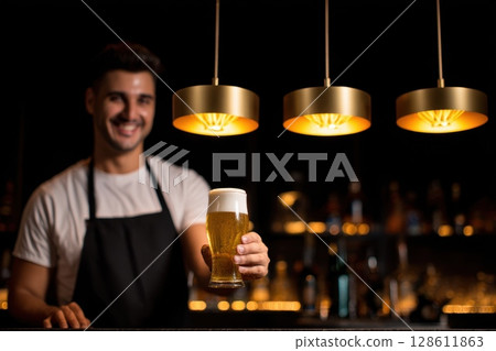 A man is holding a glass of beer in front of a bar A man is holding a glass of beer in front of a bar 128611863