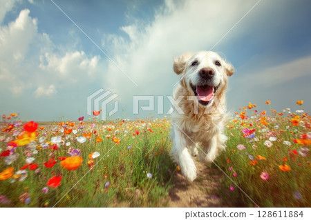 Playful Golden Retriever Puppy Flipping Joyfully Among Colorful Wildflowers Beneath Blue Sky Playful Golden Retriever Puppy Flipping Joyfully Among Colorful Wildflowers Beneath Blue Sky 128611884