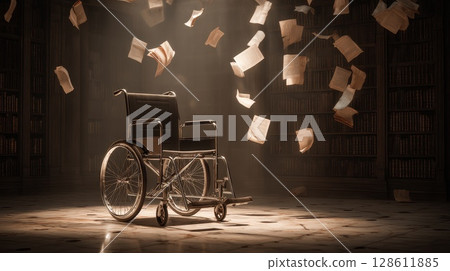 Serene Library Setting with Empty Wheelchair Surrounded by Floating Pages of Books Serene Library Setting with Empty Wheelchair Surrounded by Floating Pages of Books 128611885