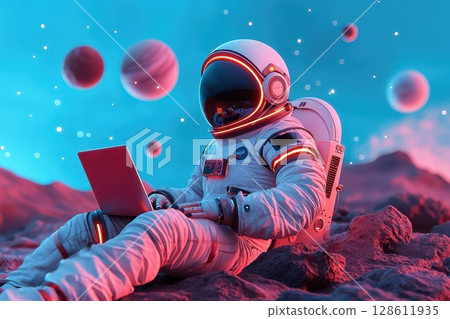 Astronaut Sitting on Rock in Distant Space Scene Astronaut Sitting on Rock in Distant Space Scene 128611935
