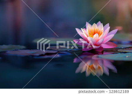 Pink water lily lotus flower reflection tranquil pond nature peaceful 128612189