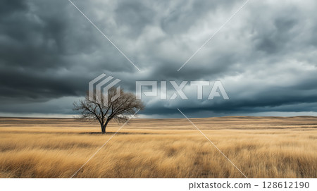 Lone tree, grassland, stormy sky, dramatic cloud, landscape, solitude 128612190