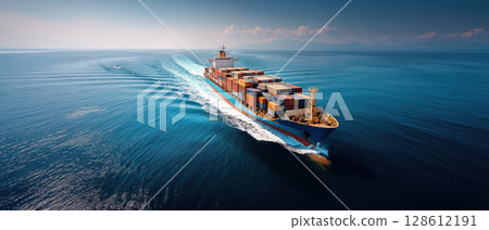 Container ship, cargo, ocean, transportation, blue water, moving forward, clear sky 128612191