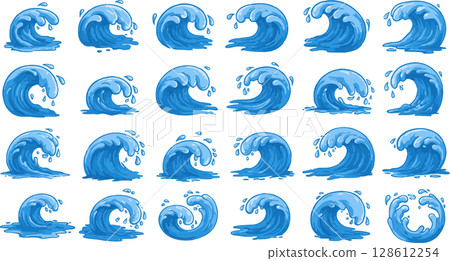 Abstract blue background with seamless water drops and floral wave patterns 128612254