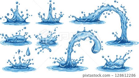 Abstract blue background with seamless water drops and floral wave patterns 128612286
