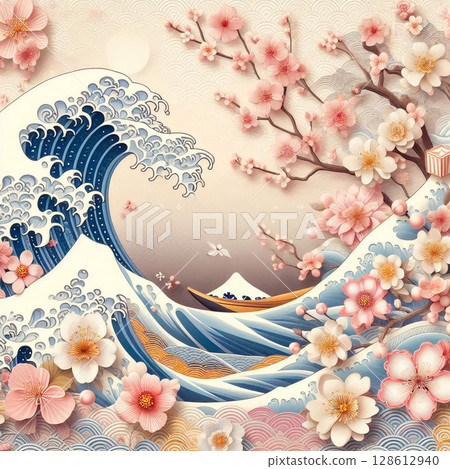 櫻花與海浪之美 128612940