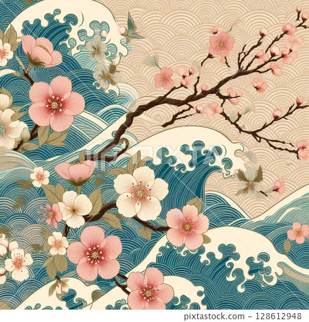 以花和波浪描繪的日本美 以花和波浪描繪的日本美 128612948