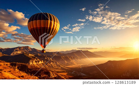 氣球漂浮在日出的天空 氣球漂浮在日出的天空 128613189