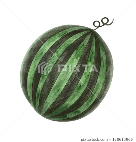 A watercolor illustration of a triangular watermelon slice with a green striped rind, juicy pink flesh, and black seeds on a white background. This vibrant and refreshing artwork is perfect for summer 128613966