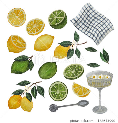 A watercolor illustration inspired by the Italian Amalfi style, featuring lemons, limes, a glass of lemonade, a checkered tablecloth, and a teaspoon on a white background. This vibrant and charming A watercolor illustration inspired by the Italian Amalfi style, featuring lemons, limes, a glass of lemonade, a checkered tablecloth, and a teaspoon on a white background. This vibrant and charming 128613990