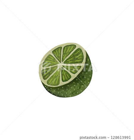 A vibrant watercolor illustration featuring a halved lime isolated on white background. The bright green color and intricate details of the lime's texture highlight its freshness and zest. Perfect for 128613991