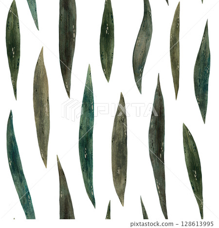 A seamless watercolor pattern featuring smooth iris leaves in various shades of green on a white background. This elegant and natural design is perfect for botanical projects, textiles, wallpapers 128613995