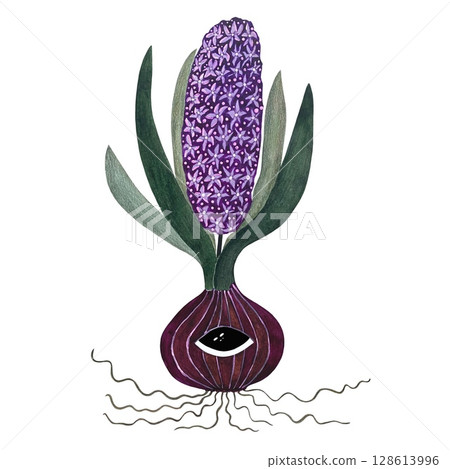A watercolor illustration of a stylized hyacinth bulb with a purple flower, green leaves, and a single eye on a white background. This imaginative and artistic design blends nature with surreal 128613996