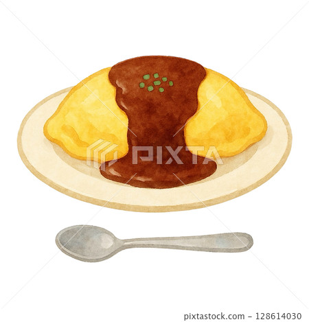 [Coffee shop] Illustration of omurice with demi-glace sauce 128614030