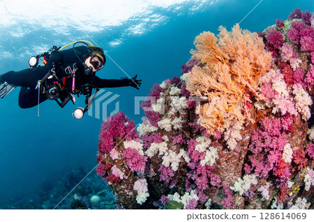 Female scuba diver holding underwater camera at Stonehenge dive site near Lipe Island, Thailand. 128614069