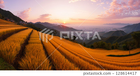 Spectacular autumn scenery of rice terraces and ears of rice - AI-generated image 128614417