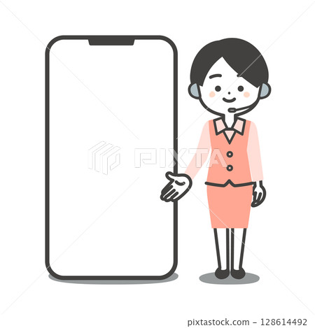 Illustration of a three-dimensional female operator in a uniform pointing at a large smartphone Illustration of a three-dimensional female operator in a uniform pointing at a large smartphone 128614492